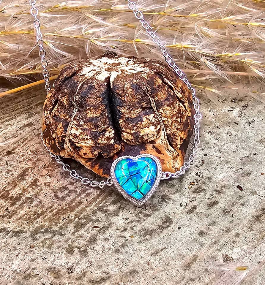 Nature Opal Inlay Heart 925 Heart Charm Pendant necklace