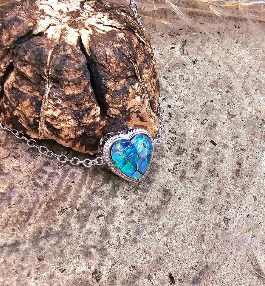 Nature Opal Inlay Heart 925 Heart Charm Pendant necklace