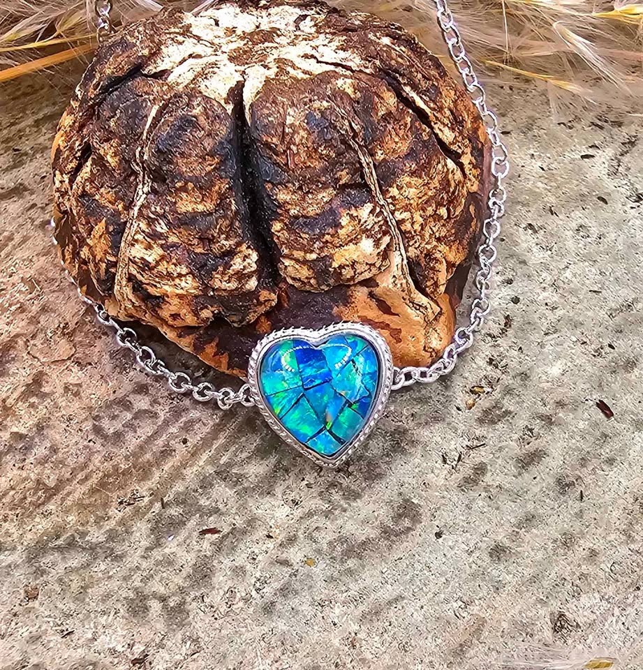 Nature Opal Inlay Heart 925 Heart Charm Pendant necklace