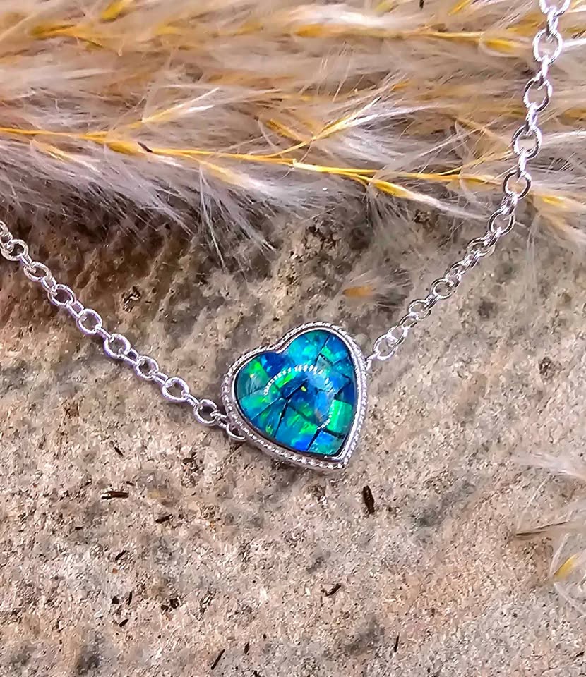 Nature Opal Inlay Heart 925 Heart Charm Pendant necklace
