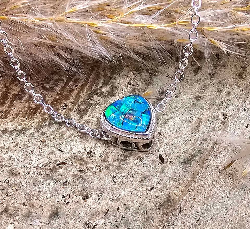 Nature Opal Inlay Heart 925 Heart Charm Pendant necklace