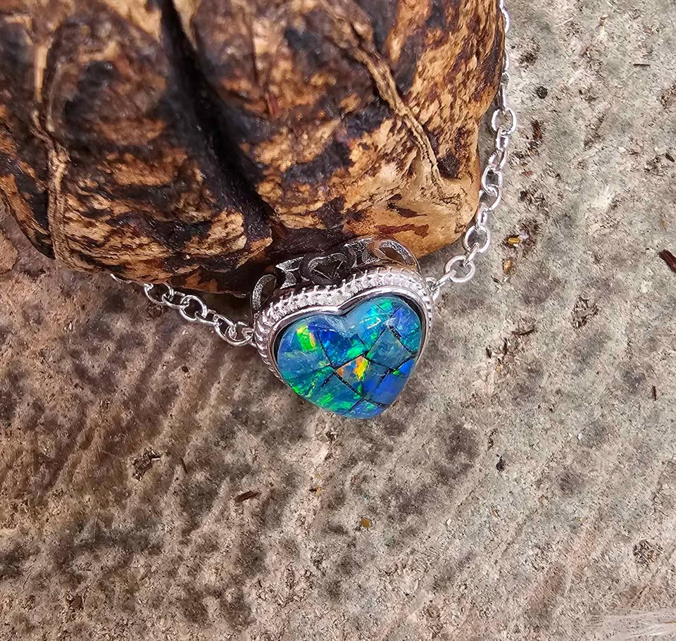 Nature Opal Inlay Heart 925 Heart Charm Pendant necklace