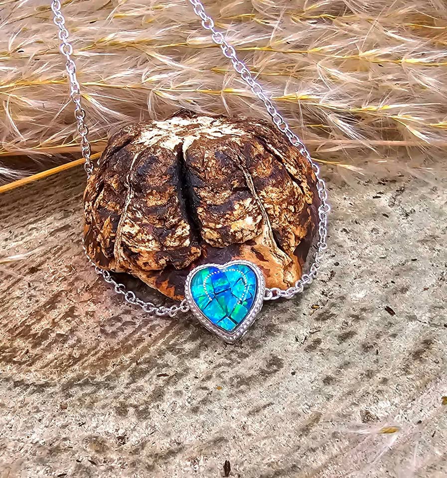 Nature Opal Inlay Heart 925 Heart Charm Pendant necklace