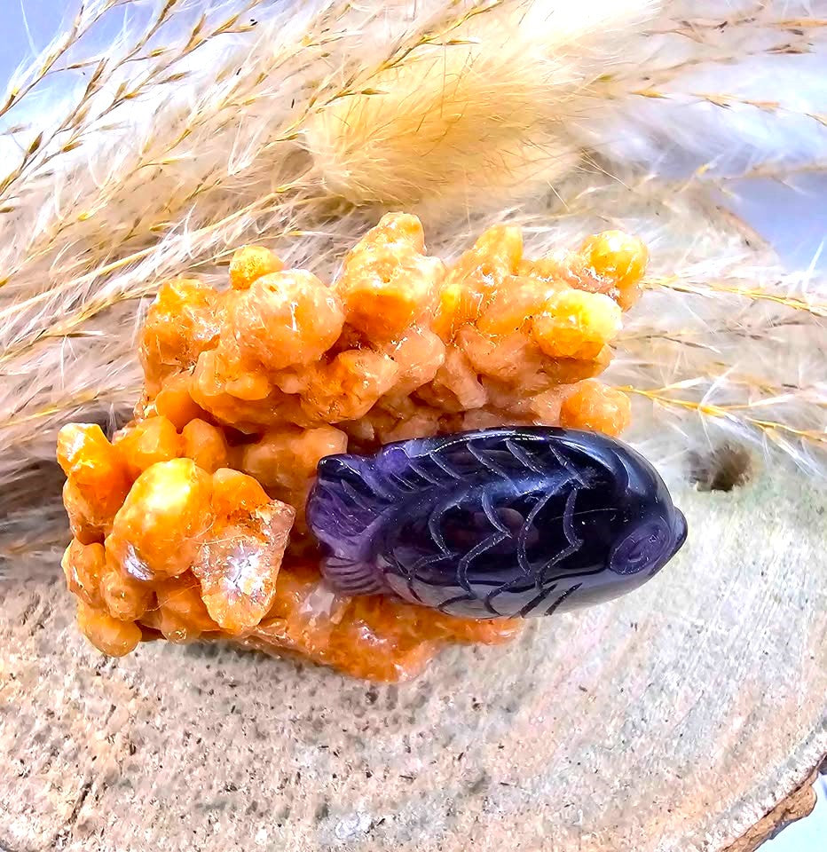 Nature Stalactite Calcite Cluster With Amethyst Fish Decor