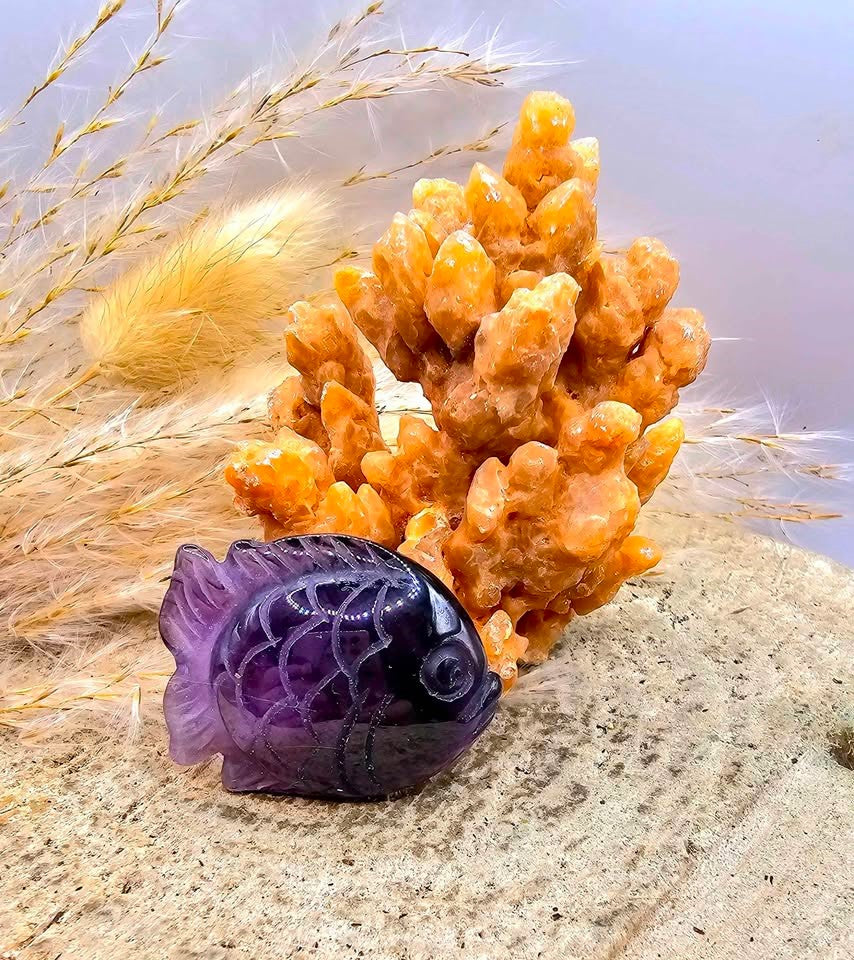 Nature Stalactite Calcite Cluster With Amethyst Fish Decor