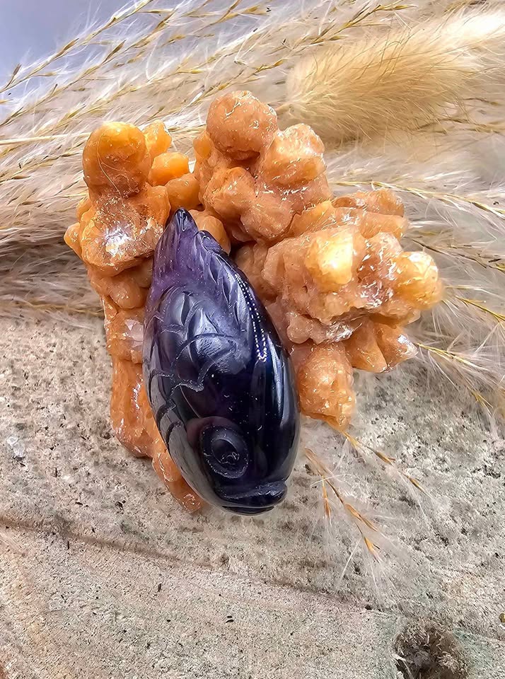 Nature Stalactite Calcite Cluster With Amethyst Fish Decor