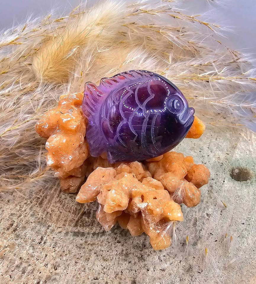 Nature Stalactite Calcite Cluster With Amethyst Fish Decor