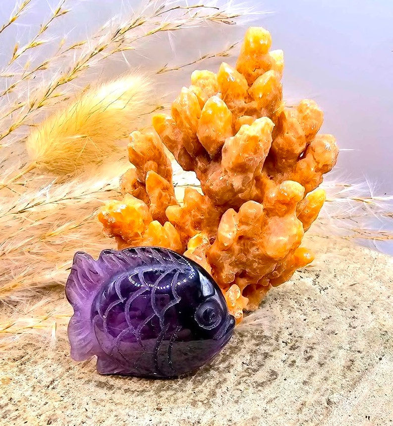 Natural stalactite calcite cluster with amethyst fish crystal decor — My Aura Gemstones
