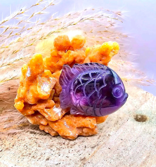 Natural stalactite calcite cluster with amethyst fish crystal decor — My Aura Gemstones