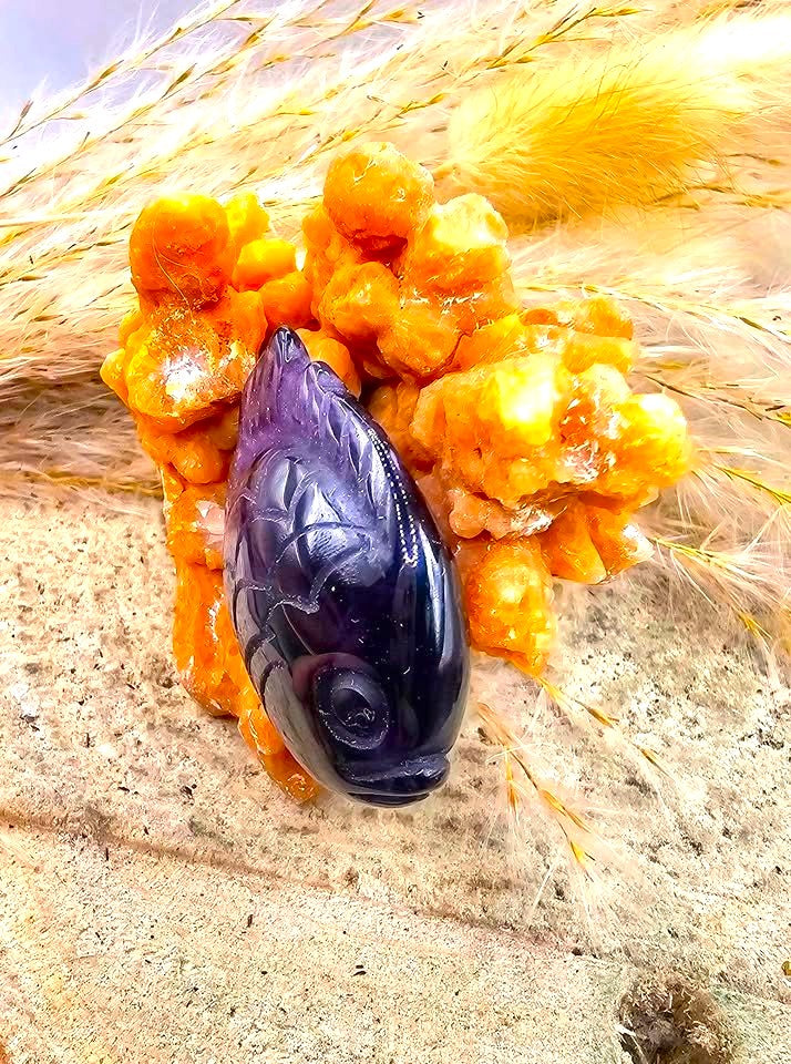 Natural stalactite calcite cluster with amethyst fish crystal decor — My Aura Gemstones
