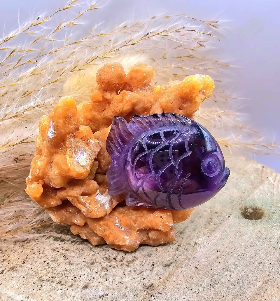 Nature Stalactite Calcite Cluster With Amethyst Fish Decor