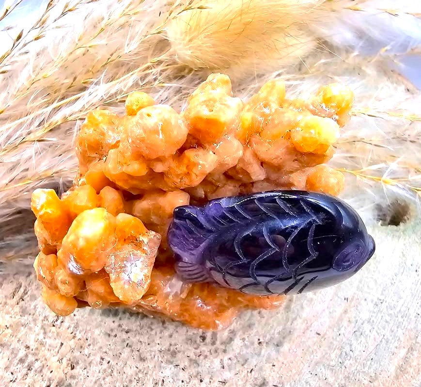 Natural stalactite calcite cluster with amethyst fish crystal decor — My Aura Gemstones