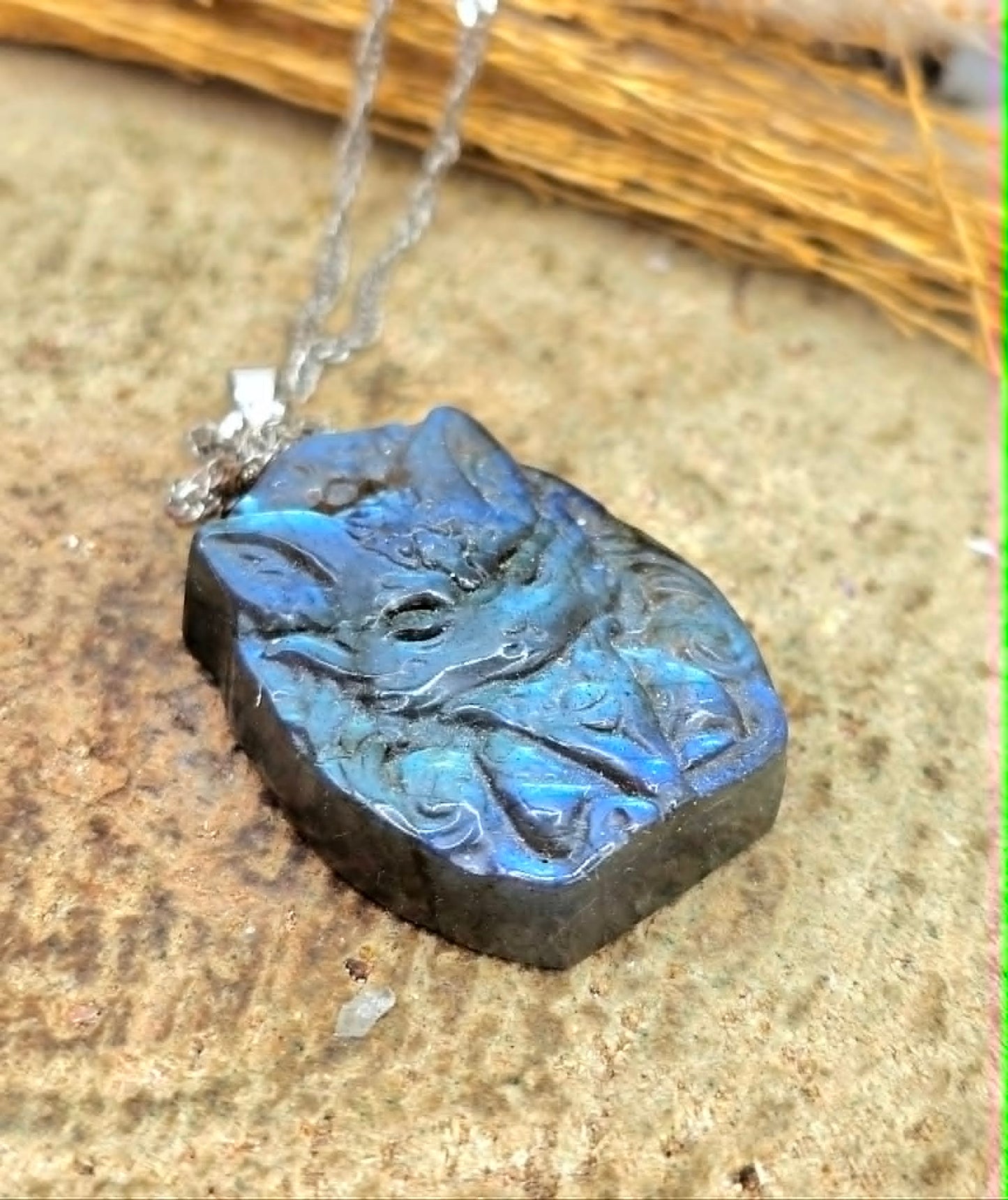 Labradorite carved sitting nine tails fox pendant necklace alternate angle — My Aura Gemstones