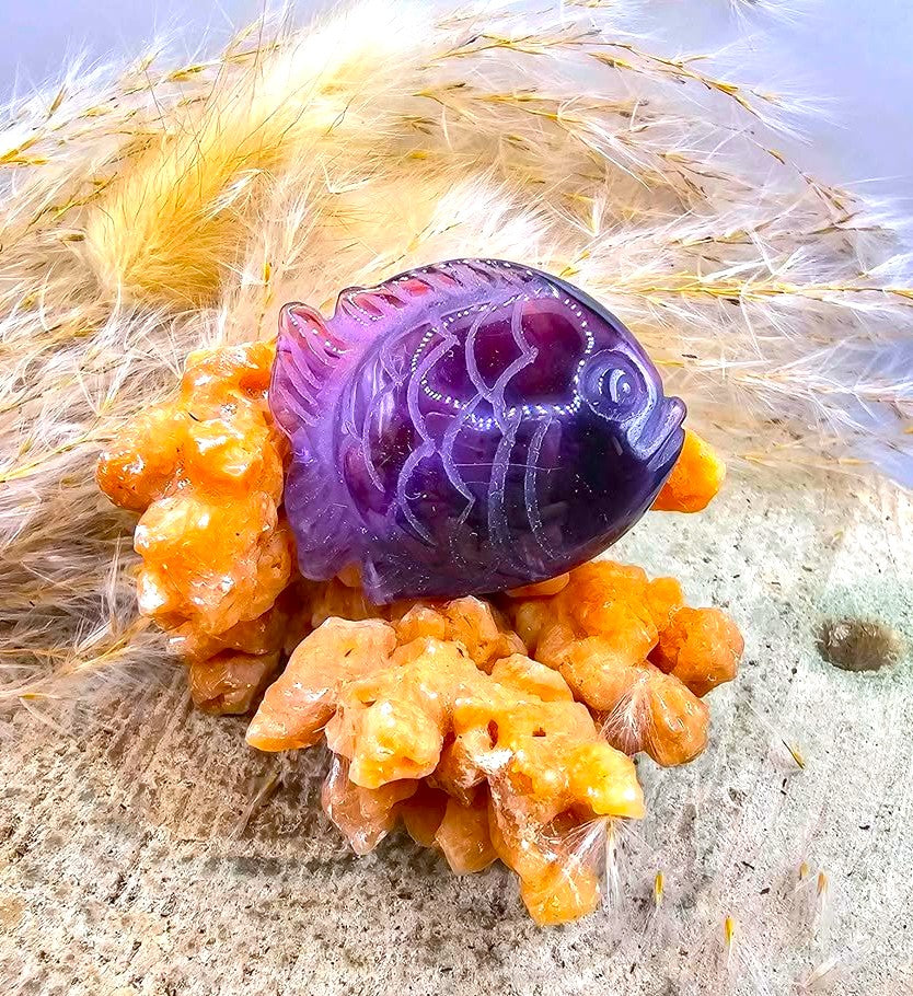 Natural stalactite calcite cluster with amethyst fish crystal decor — My Aura Gemstones