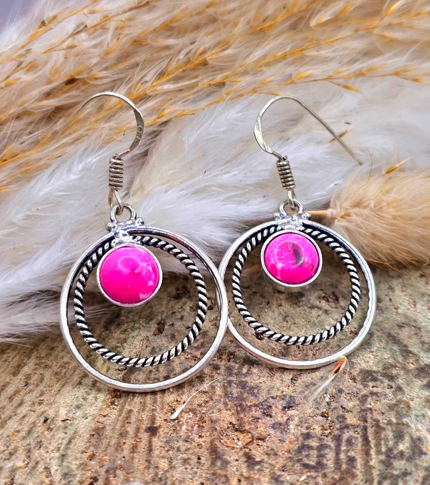 Hot Pink Stone Double Loops 925 Earring