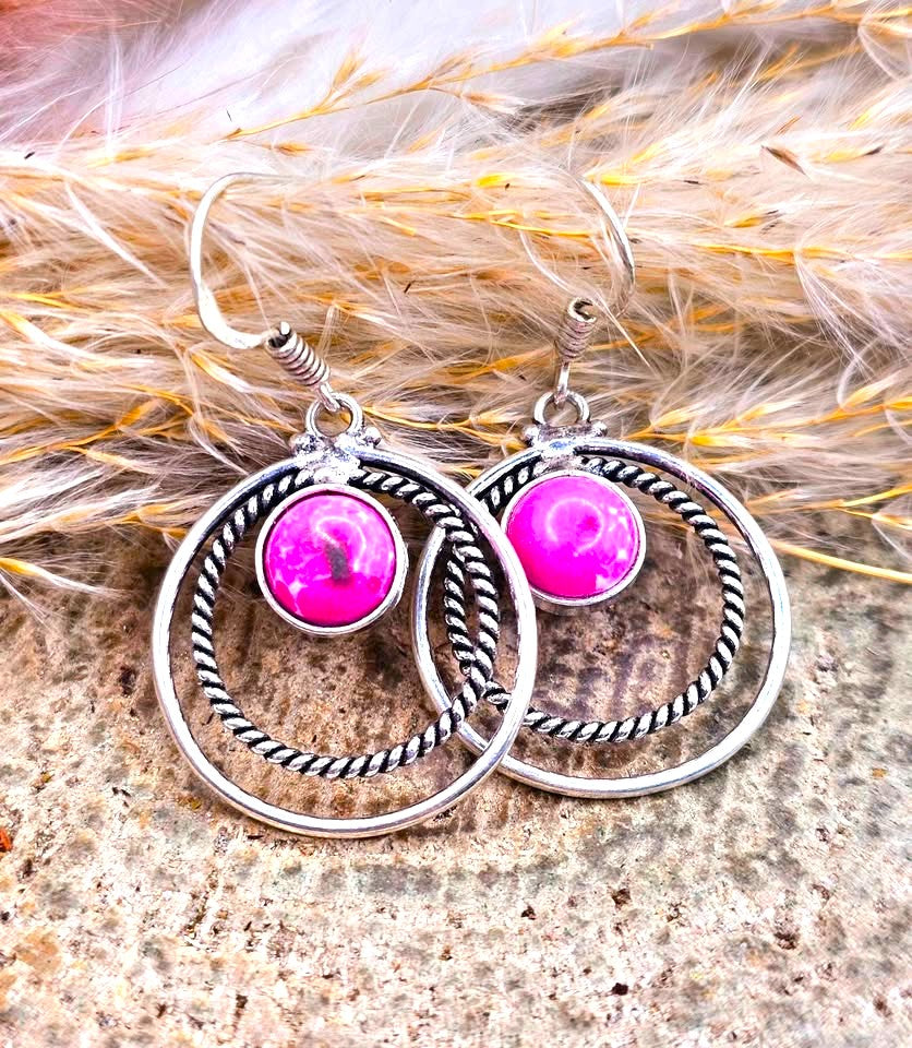 Hot Pink Stone Double Loops 925 Earring