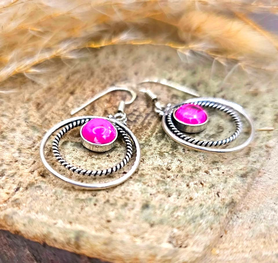 Hot Pink Stone Double Loops 925 Earring