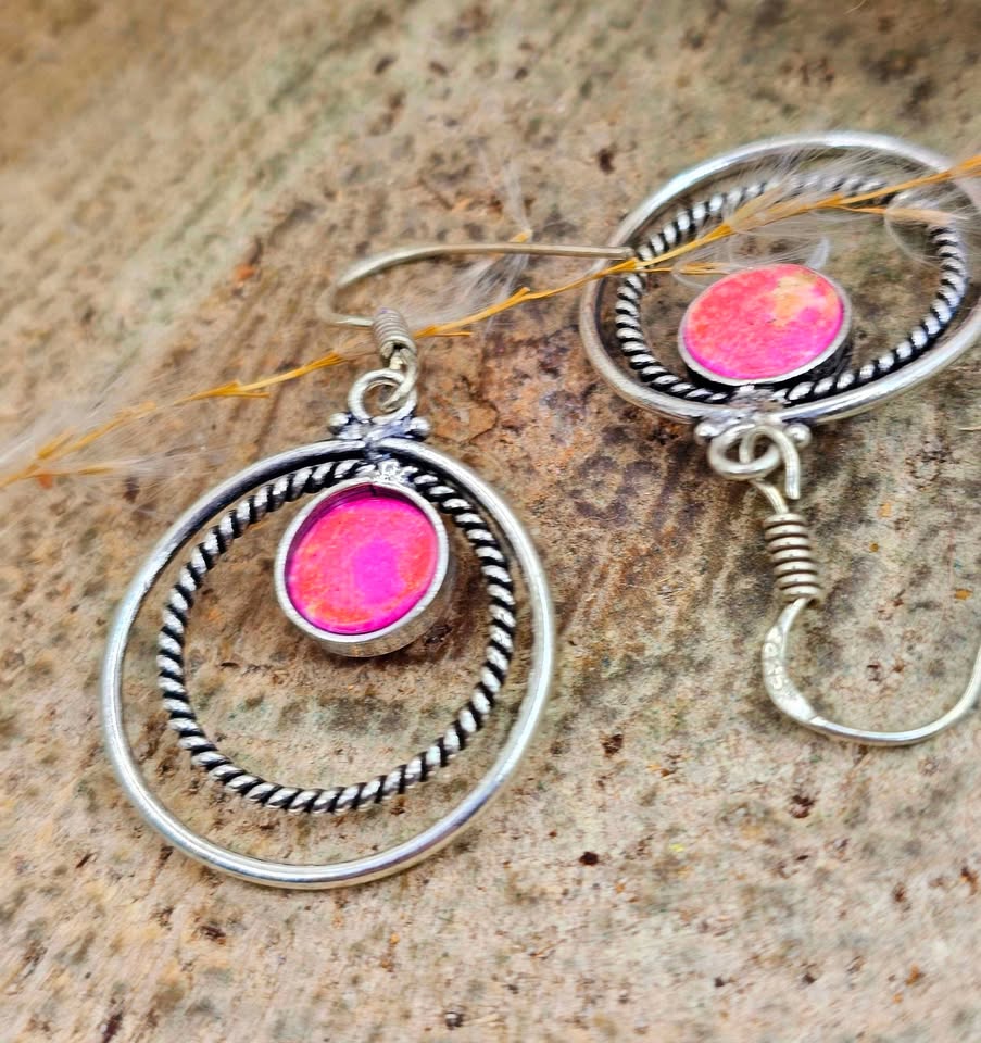 Hot Pink Stone Double Loops 925 Earring