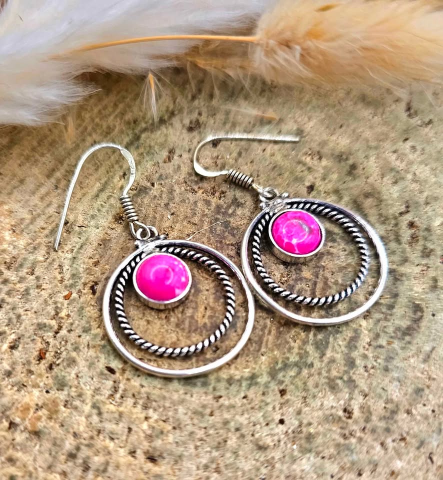 Hot Pink Stone Double Loops 925 Earring