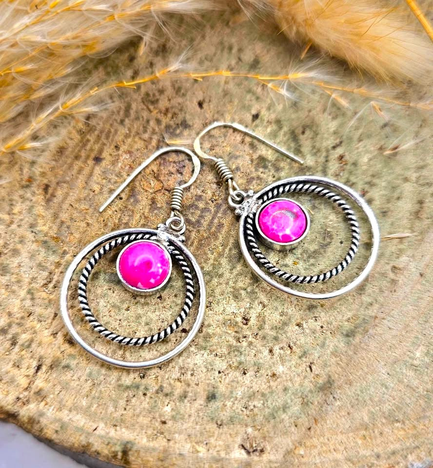 Hot Pink Stone Double Loops 925 Earring