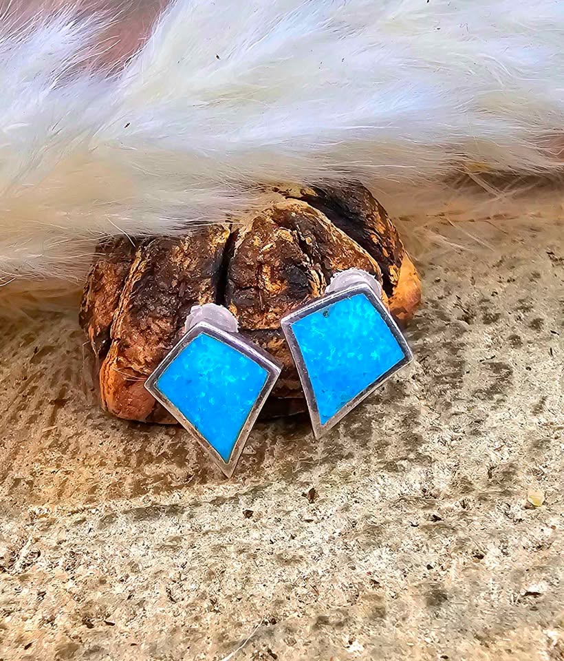 Mexico Turquoise Sterling Silver Stamped Ear Stud