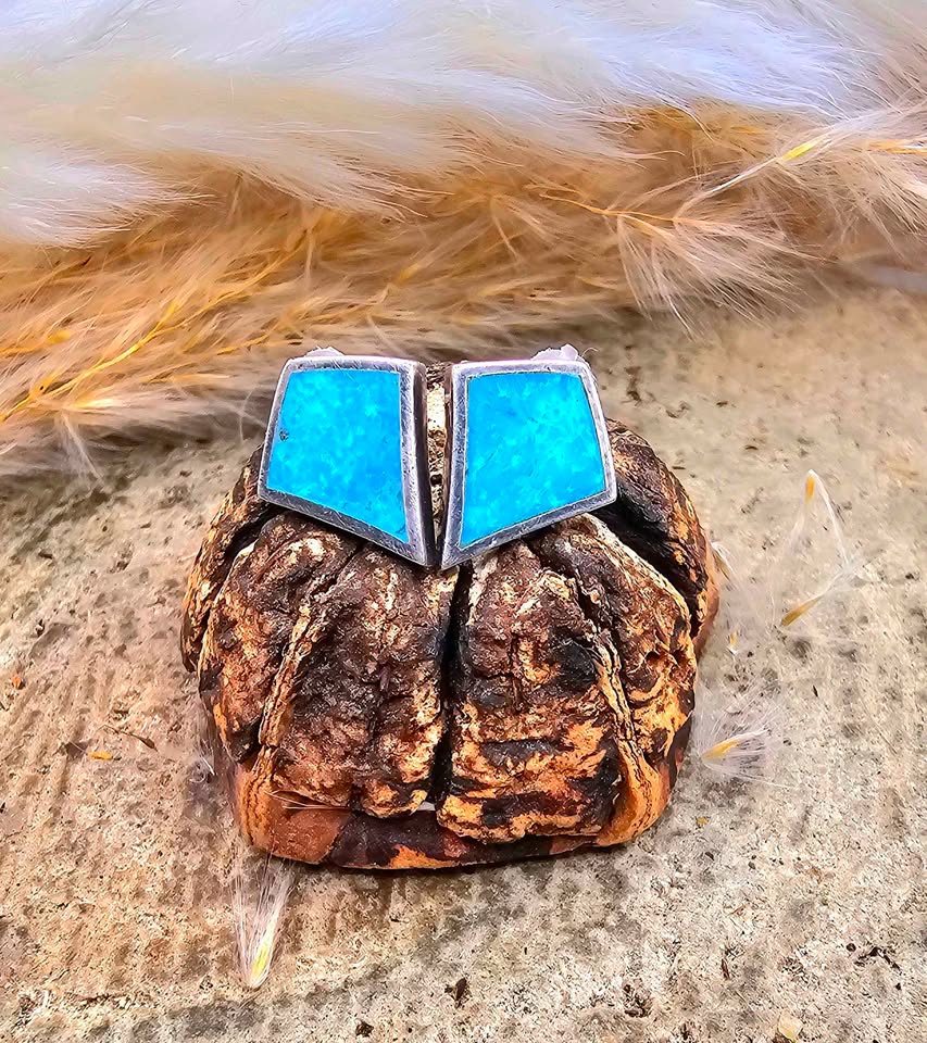 Mexico Turquoise Sterling Silver Stamped Ear Stud