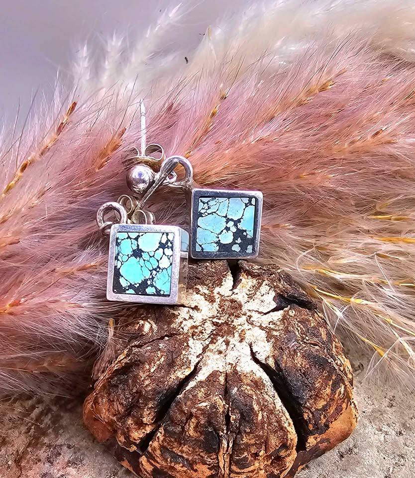 Handcrafted Turquoise Square Sterling Silver Earrings