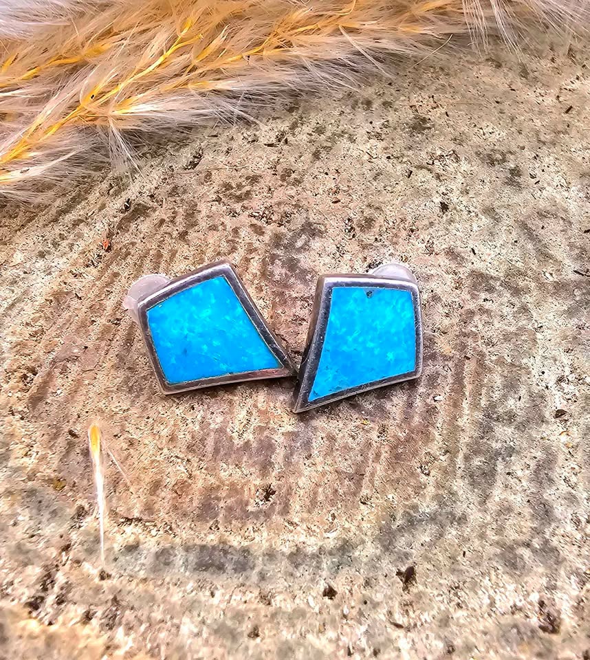 Mexico Turquoise Sterling Silver Stamped Ear Stud