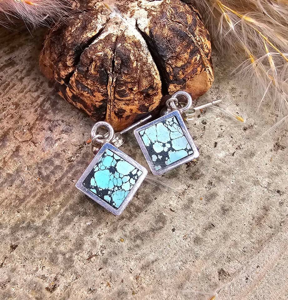 Handcrafted Turquoise Square Sterling Silver Earrings