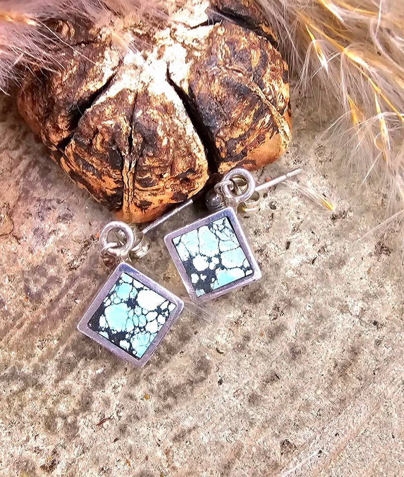 Handcrafted Turquoise Square Sterling Silver Earrings