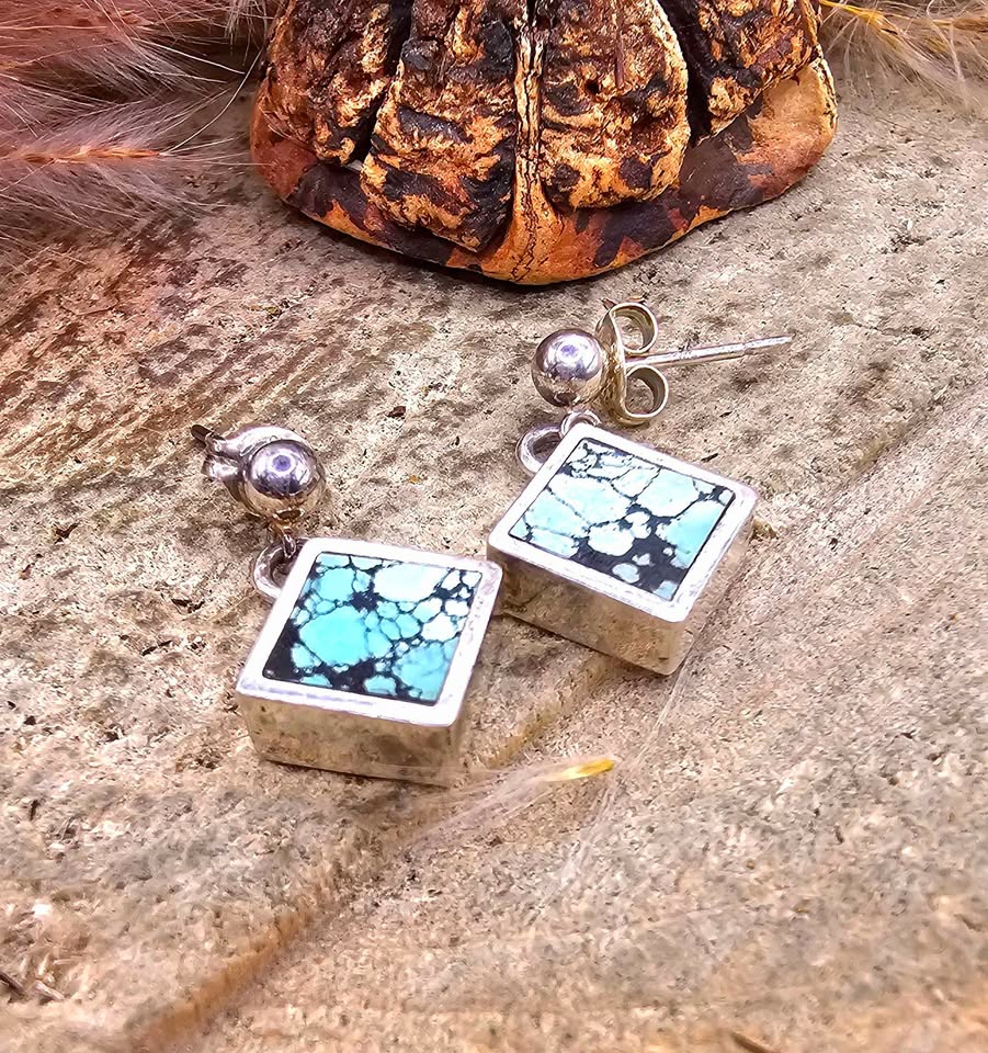 Handcrafted Turquoise Square Sterling Silver Earrings