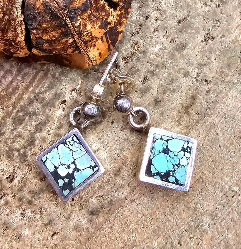 Handcrafted Turquoise Square Sterling Silver Earrings