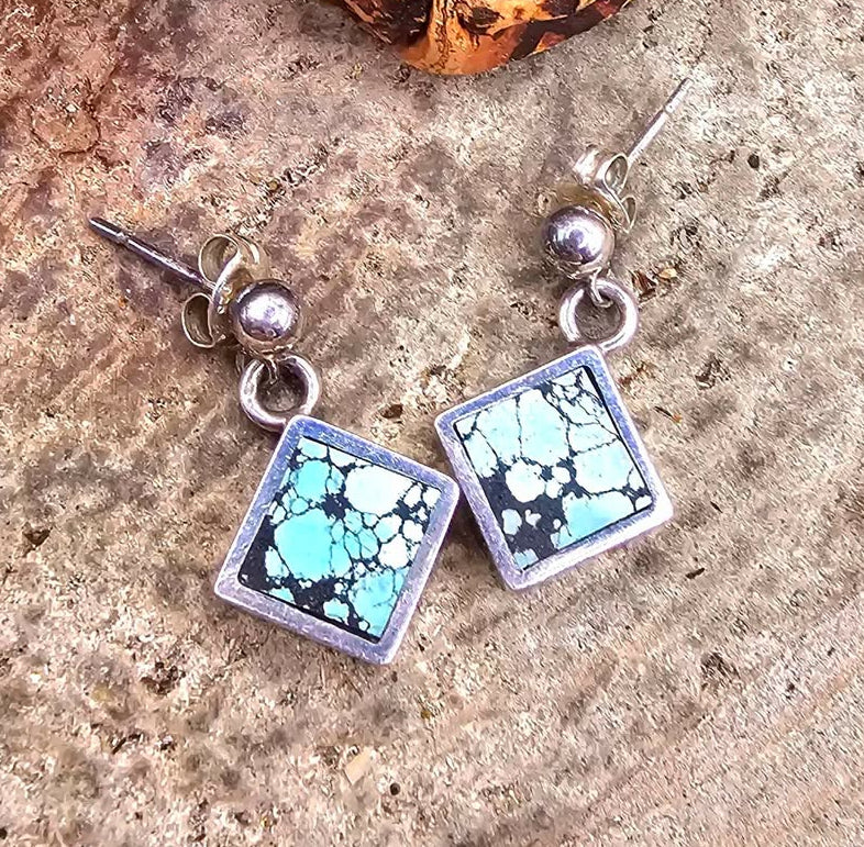 Handcrafted Turquoise Square Sterling Silver Earrings