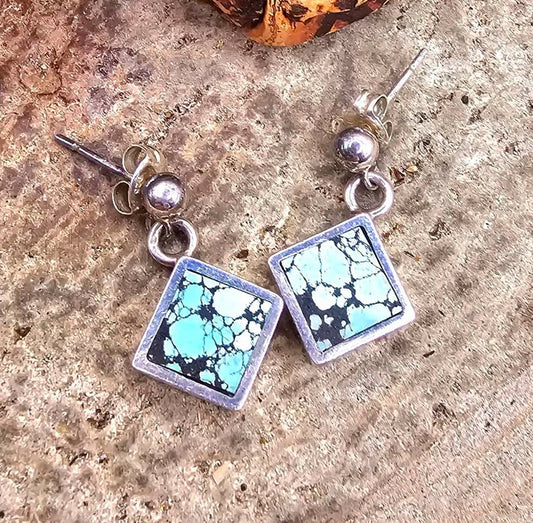 Handcrafted Turquoise Square Sterling Silver Earrings