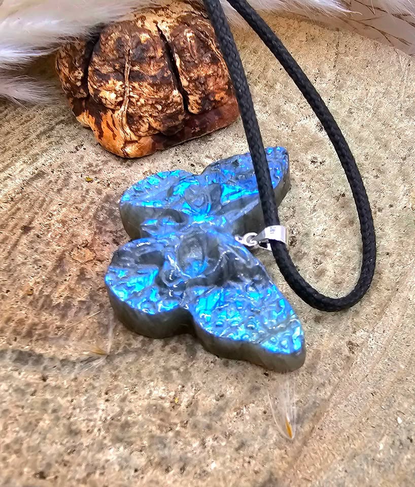 Nature Labradorite Carved Hidden Skull Butterfly Pendant Necklace