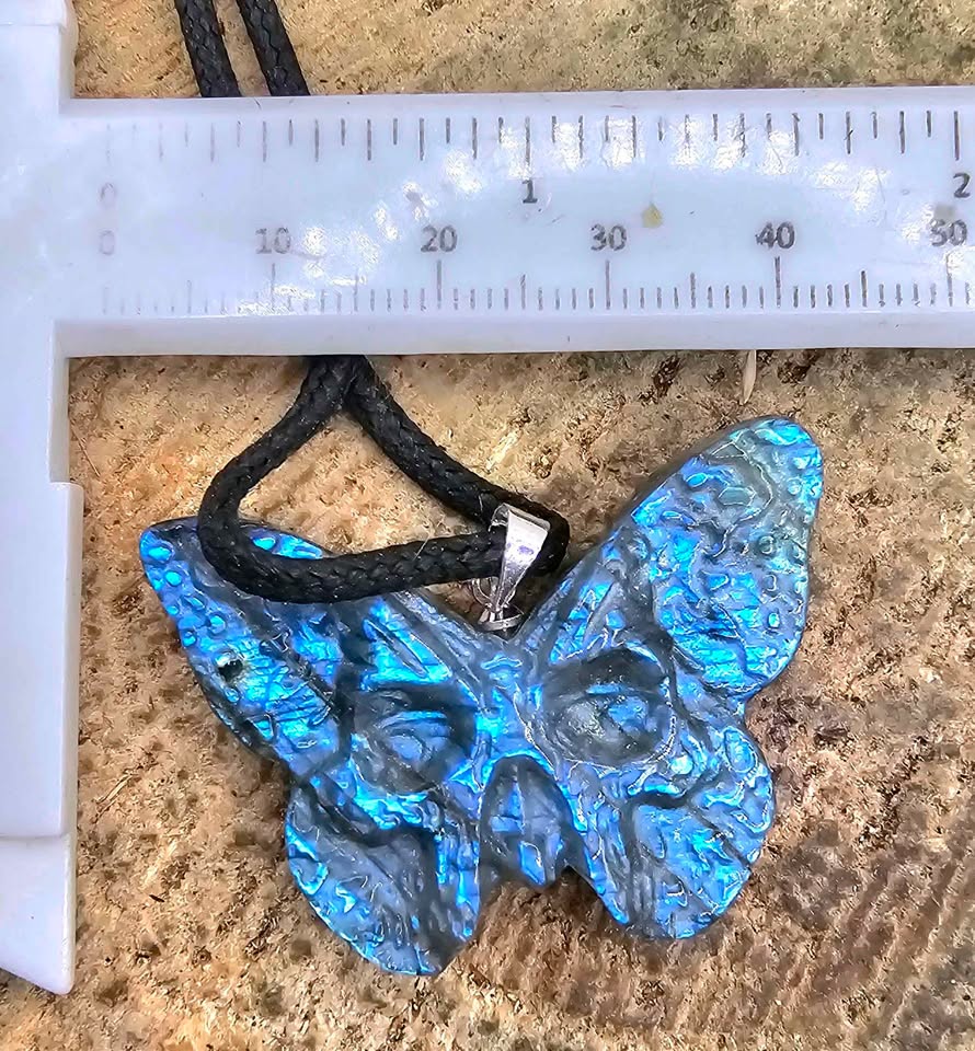 Nature Labradorite Carved Hidden Skull Butterfly Pendant Necklace