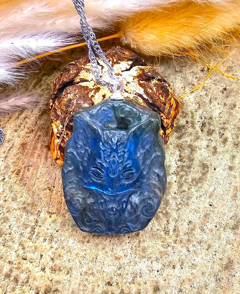 Nature Labradorite Carved Flashy Nine Tail Fox Pendant Necklace
