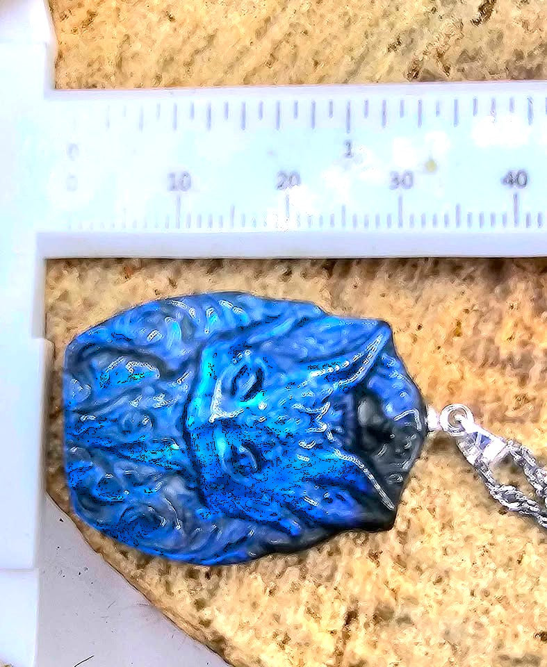 Nature Labradorite Carved Flashy Nine Tail Fox Pendant Necklace