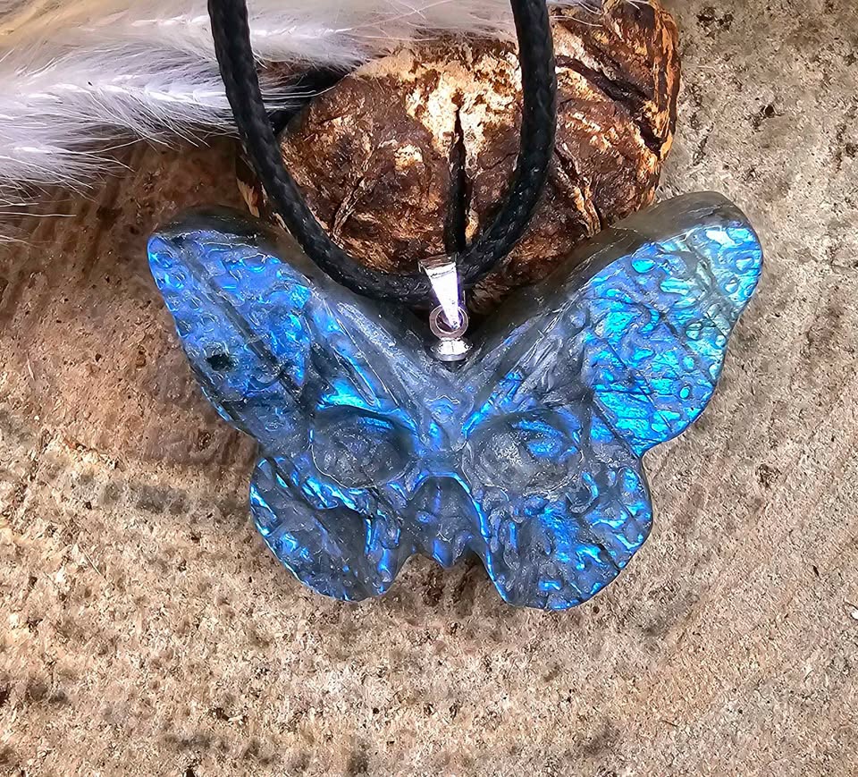 Nature Labradorite Carved Hidden Skull Butterfly Pendant Necklace