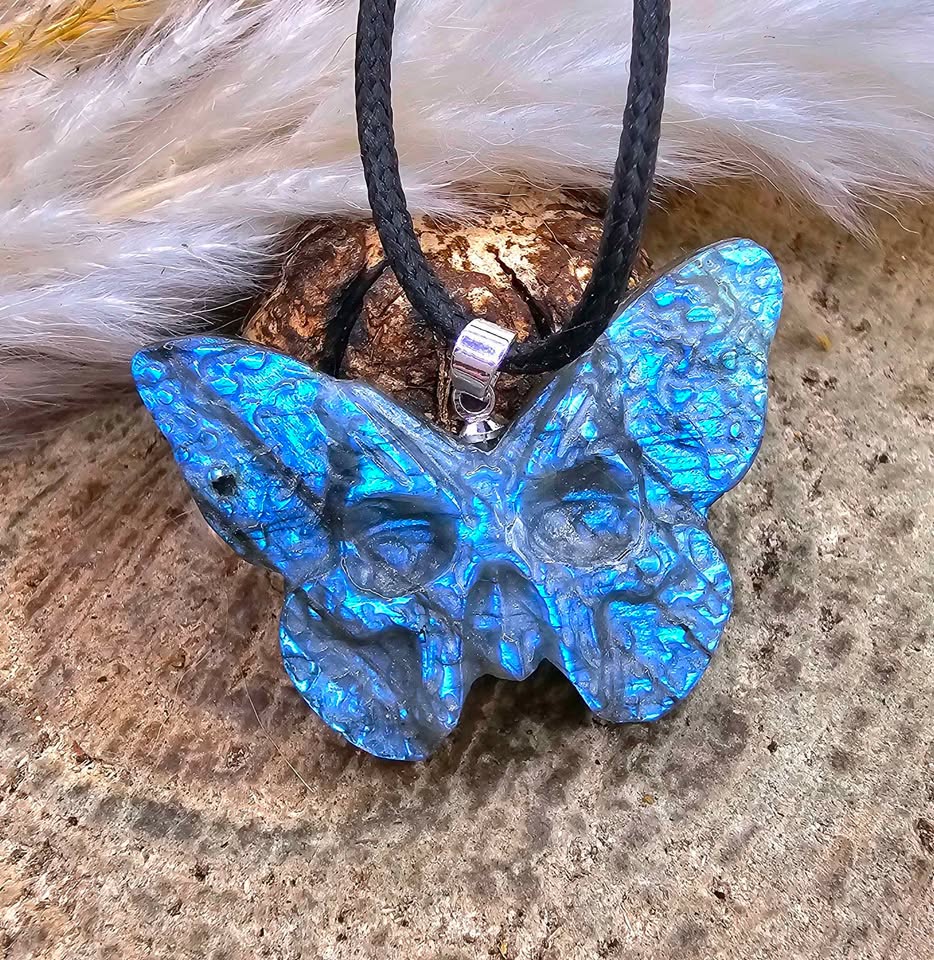 Nature Labradorite Carved Hidden Skull Butterfly Pendant Necklace