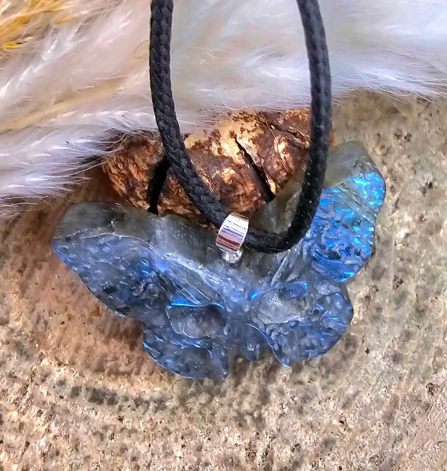 Nature Labradorite Carved Hidden Skull Butterfly Pendant Necklace