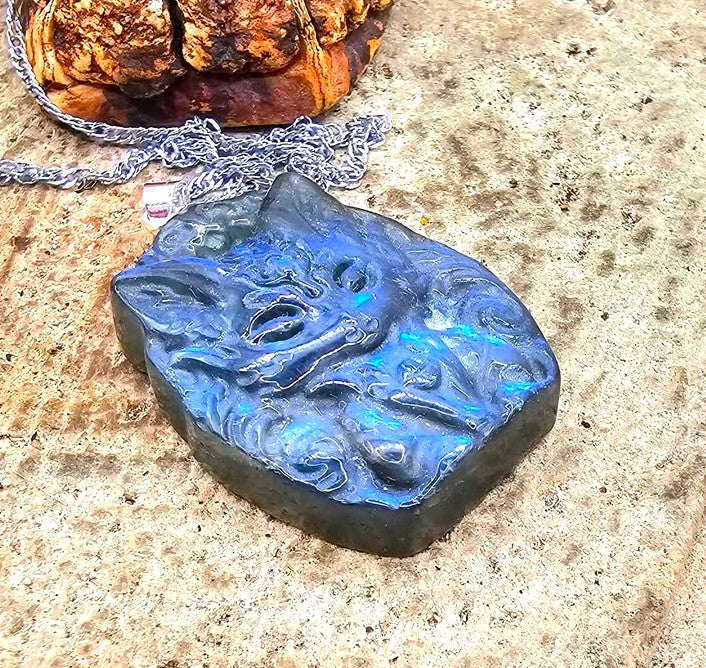 Nature Labradorite Carved Flashy Nine Tail Fox Pendant Necklace