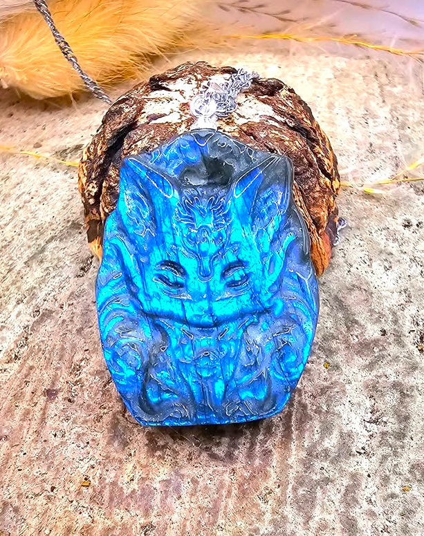 Nature Labradorite Carved Flashy Nine Tail Fox Pendant Necklace