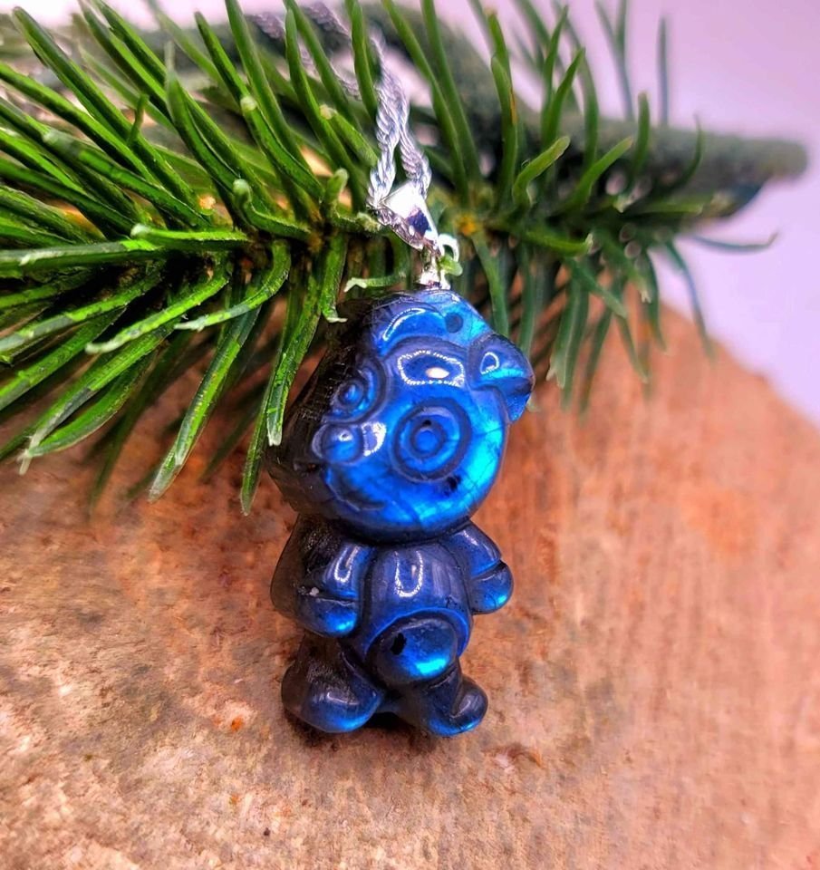 Nature Labradorite Flashy Carved Cute Dog Pendant Necklace