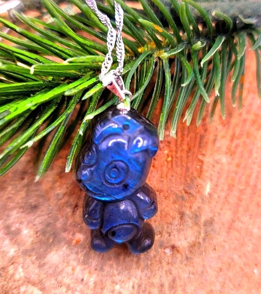 Nature Labradorite Flashy Carved Cute Dog Pendant Necklace