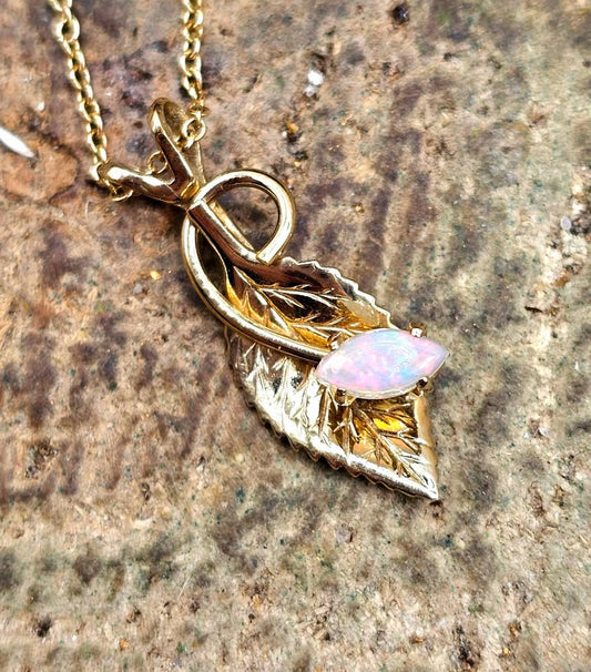 14K Gold Filled Opal Artistic Leaf Pendant With Necklace.