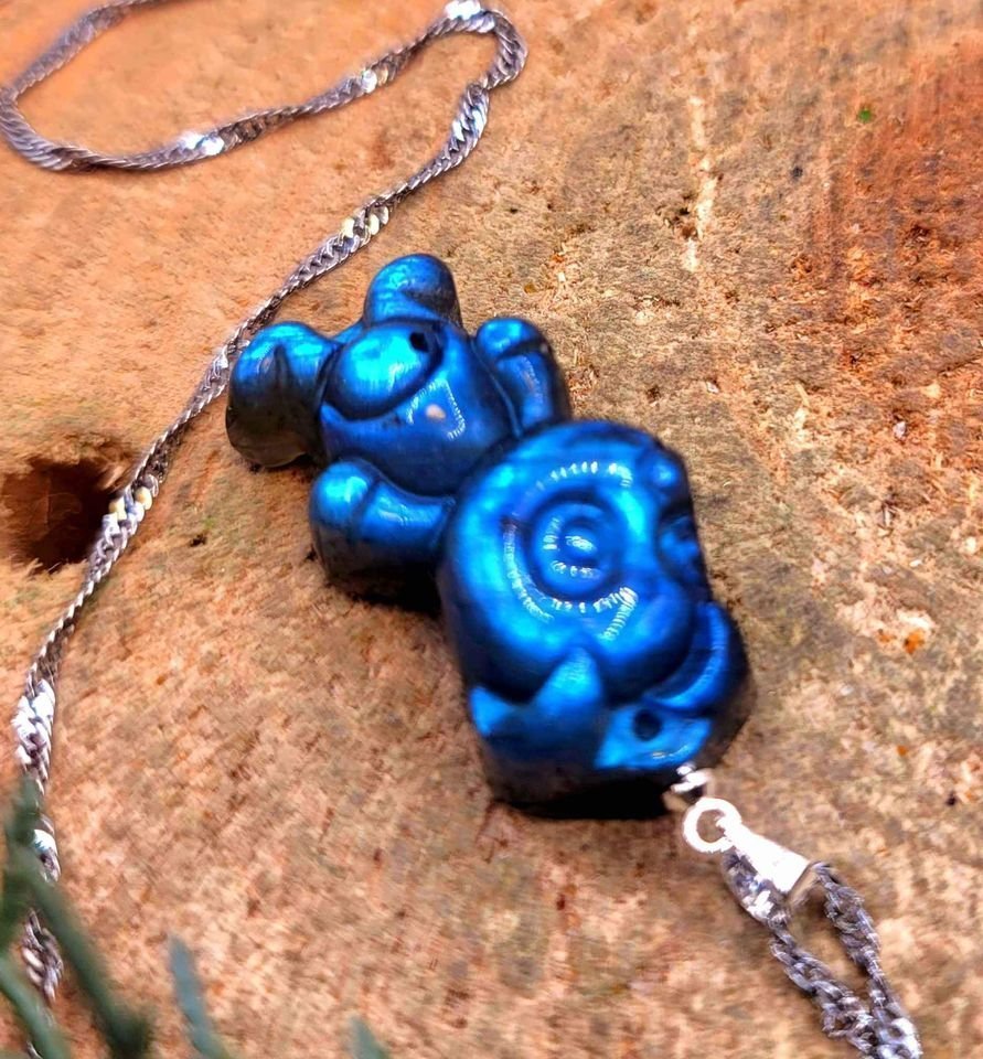 Nature Labradorite Flashy Carved Cute Dog Pendant Necklace