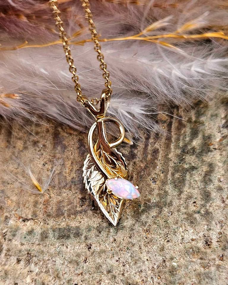 14K Gold Filled Opal Artistic Leaf Pendant With Necklace.