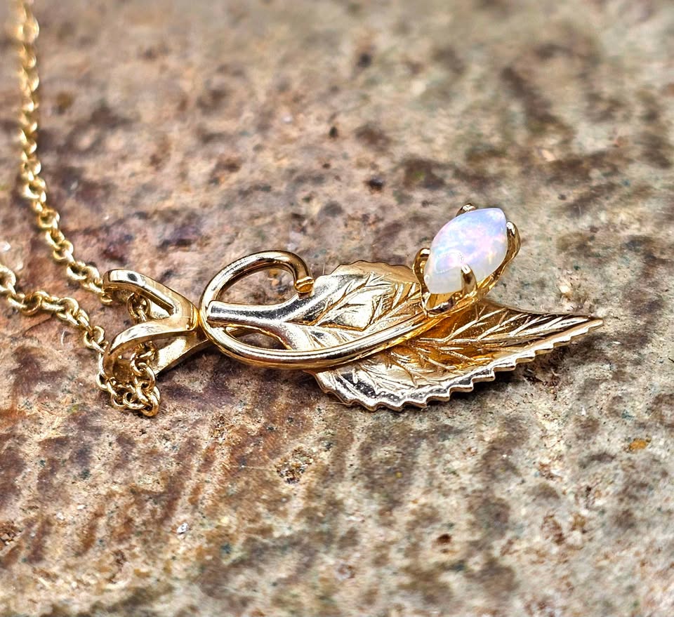 14K Gold Filled Opal Artistic Leaf Pendant With Necklace.