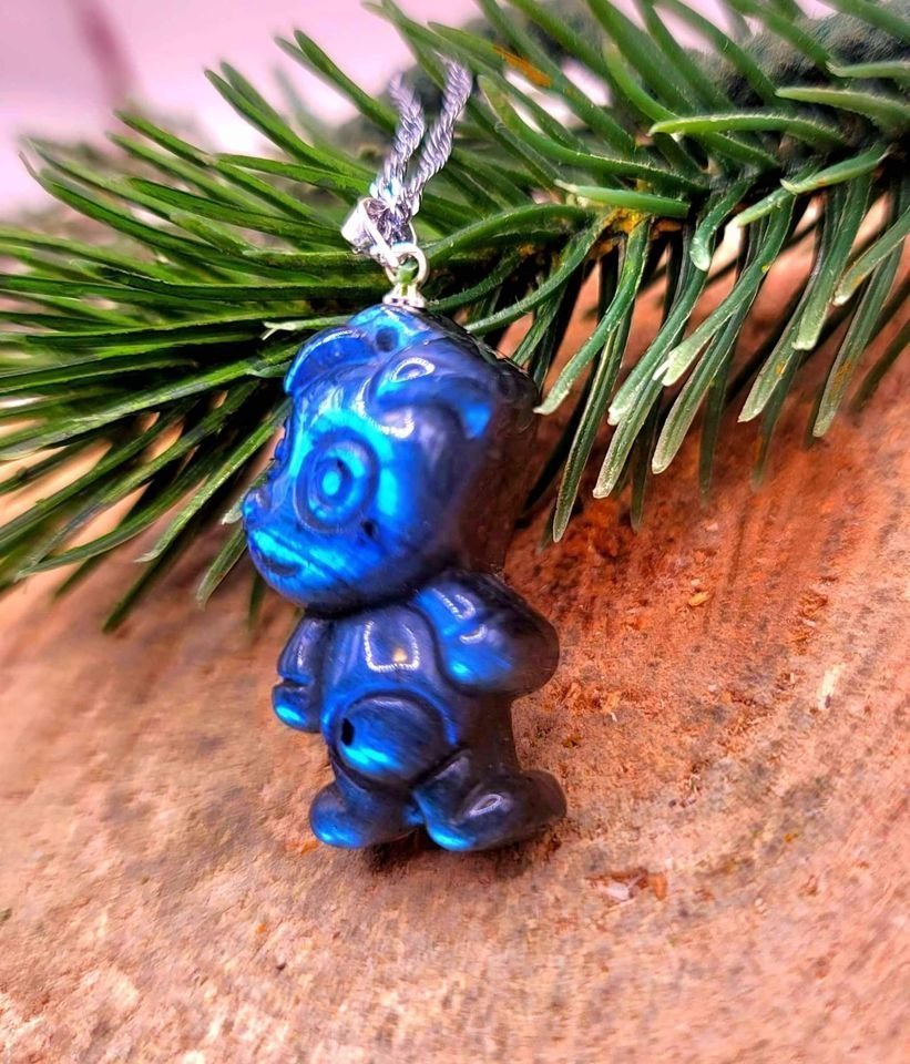 Nature Labradorite Flashy Carved Cute Dog Pendant Necklace